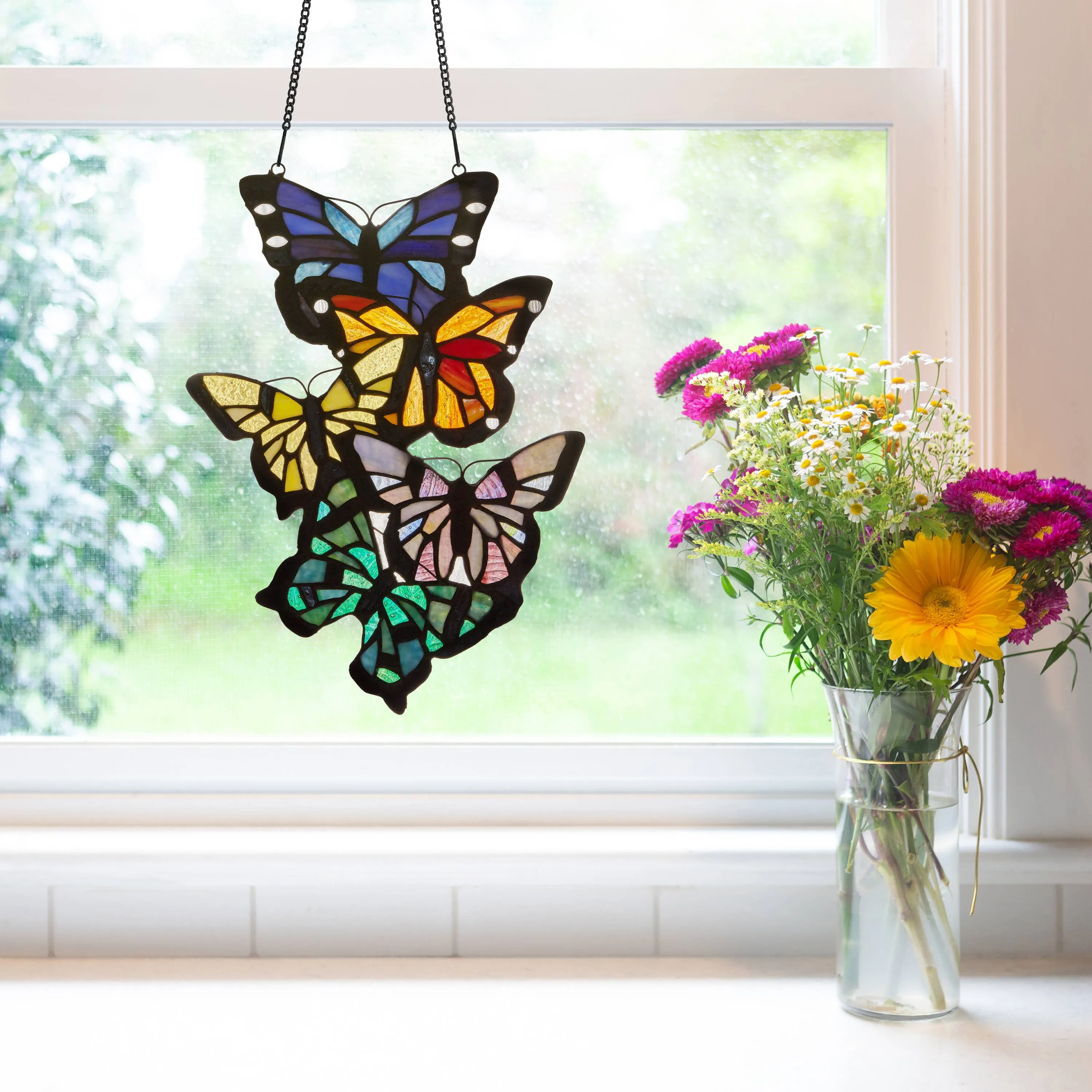 13.25"H Butterfly Cluster Stained Glass Window Panel