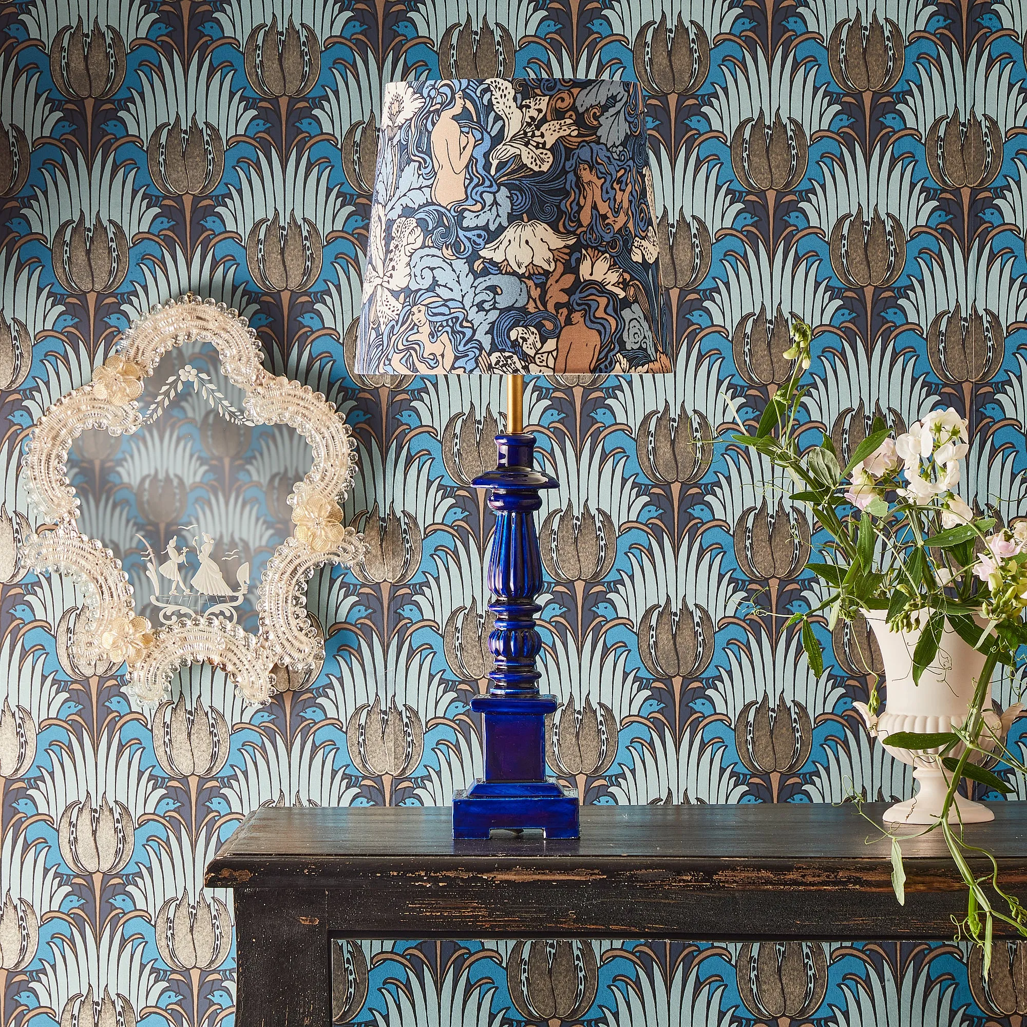 25cm drum shade in opal and lily Forbidden Fruit from Sanderson's 'Archive'
