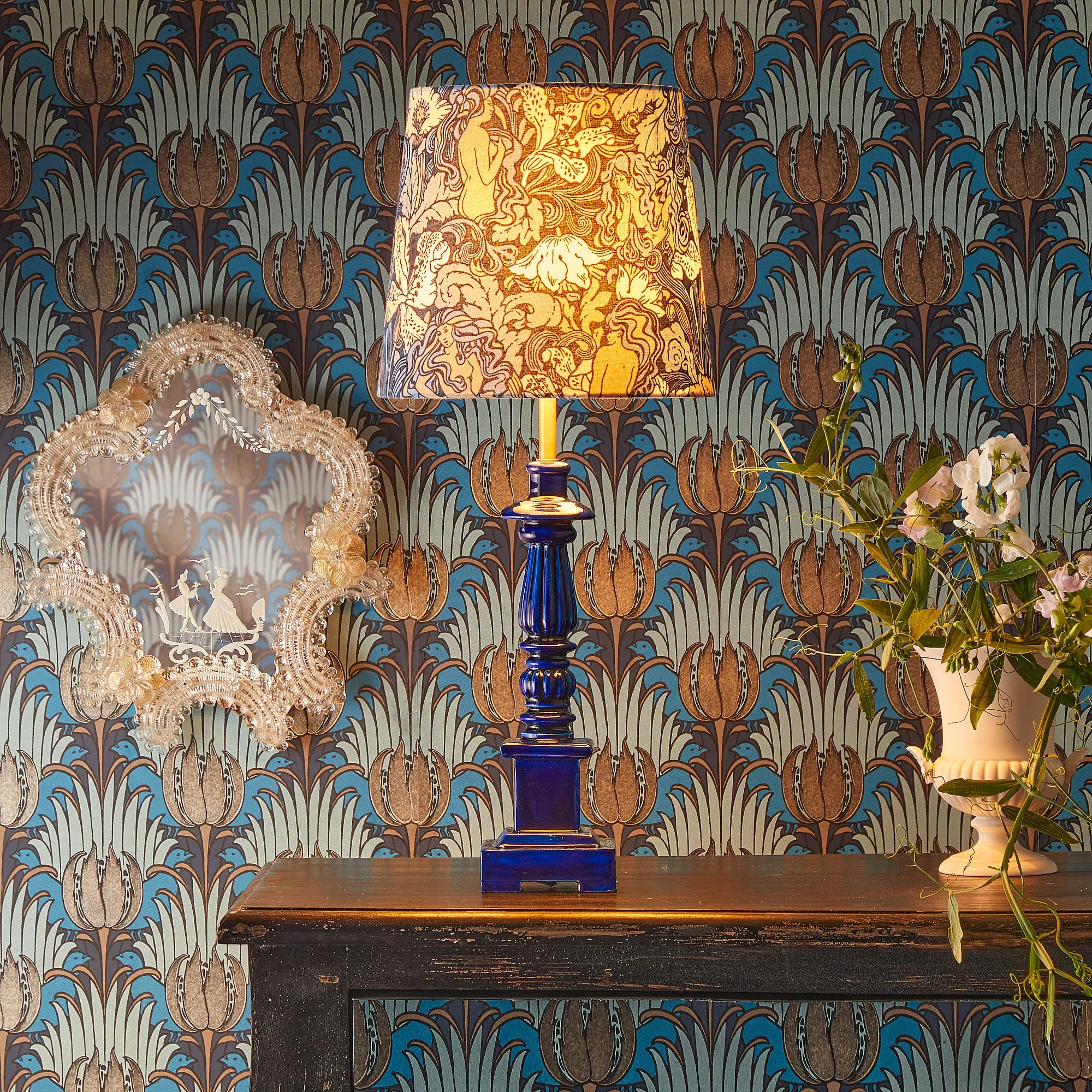 25cm drum shade in opal and lily Forbidden Fruit from Sanderson's 'Archive'