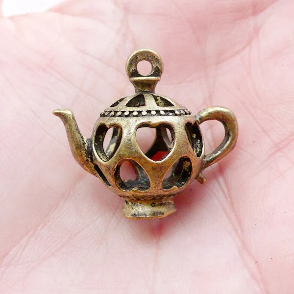 3D Miniature Teapot Charms Dollhouse Tea Pot Pendant (1 piece / 25mm x 23mm / Antique Bronze / 2 Sided) Whimsy Jewelry Novelty Charm CHM2189