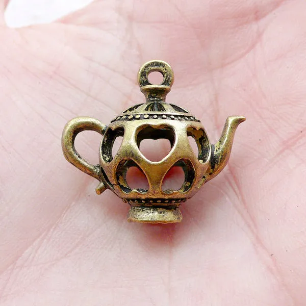 3D Miniature Teapot Charms Dollhouse Tea Pot Pendant (1 piece / 25mm x 23mm / Antique Bronze / 2 Sided) Whimsy Jewelry Novelty Charm CHM2189