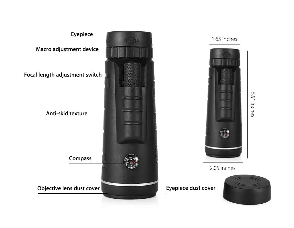40X Monocular Scope with Compass, Phone Clip & Tripod