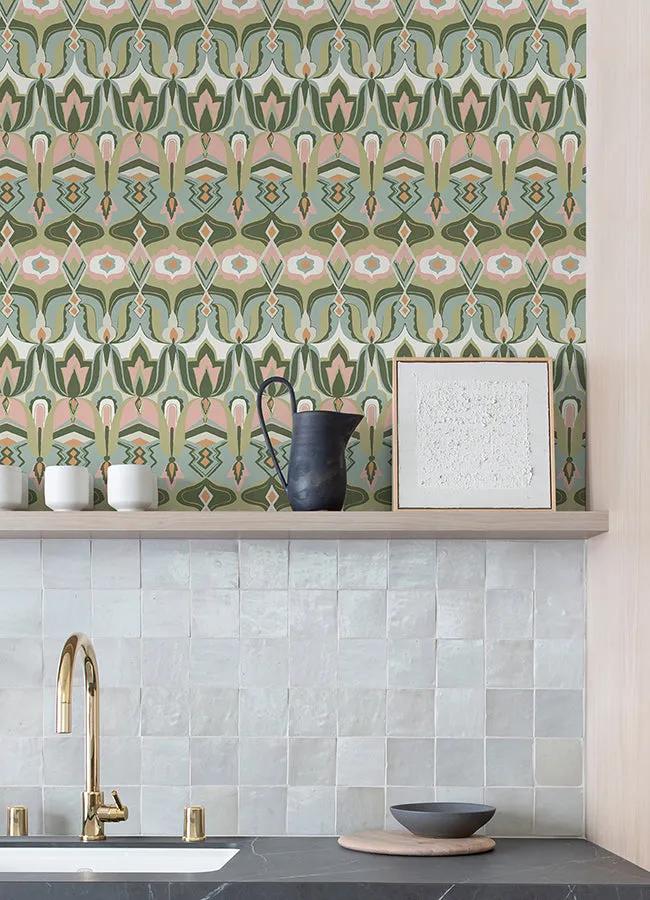 Akira Green Peel and Stick Wallpaper  | Brewster Wallcovering