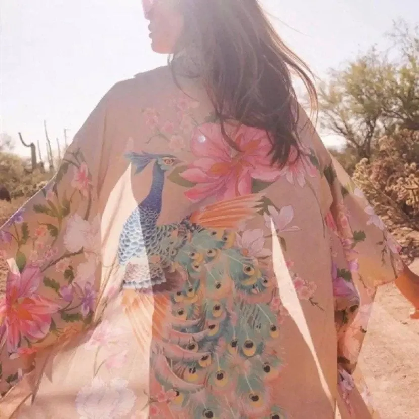 Apricot Marbella KIMONO full / half length lounge Robe / beach Cover-Up / Pool Wrap / soft Kaftan - beige khaki cream peach peacock belted