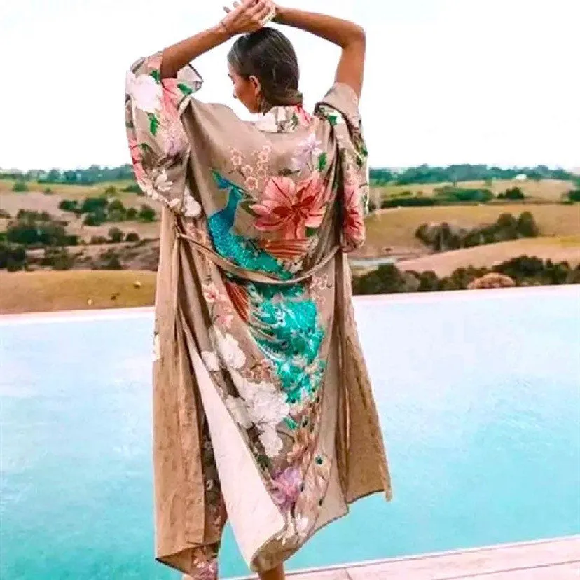 Apricot Marbella KIMONO full / half length lounge Robe / beach Cover-Up / Pool Wrap / soft Kaftan - beige khaki cream peach peacock belted