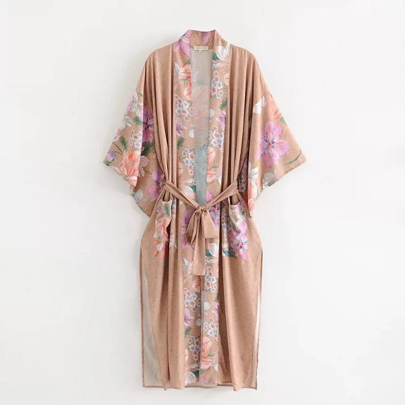 Apricot Marbella KIMONO full / half length lounge Robe / beach Cover-Up / Pool Wrap / soft Kaftan - beige khaki cream peach peacock belted