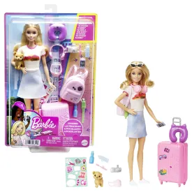 Barbie Doll and Accessories, 'Malibu' Travel Set with Puppy & Working Suitcase, 10  Pieces