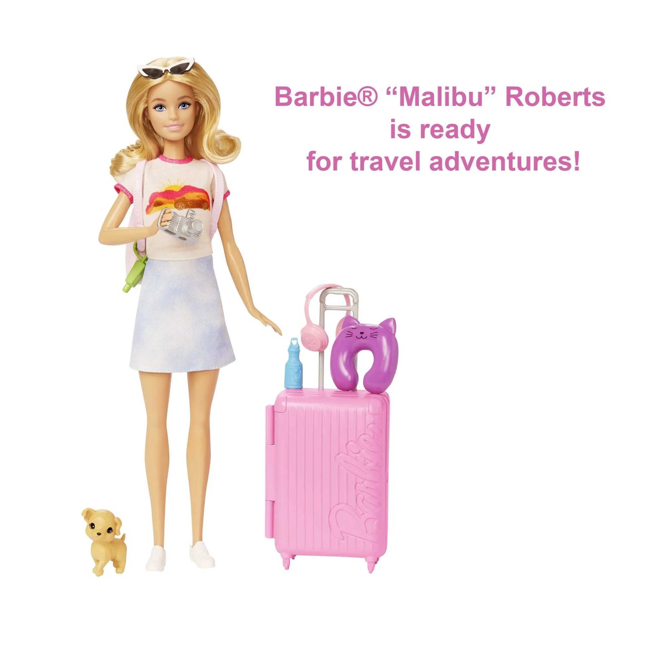 Barbie Doll and Accessories, 'Malibu' Travel Set with Puppy & Working Suitcase, 10  Pieces