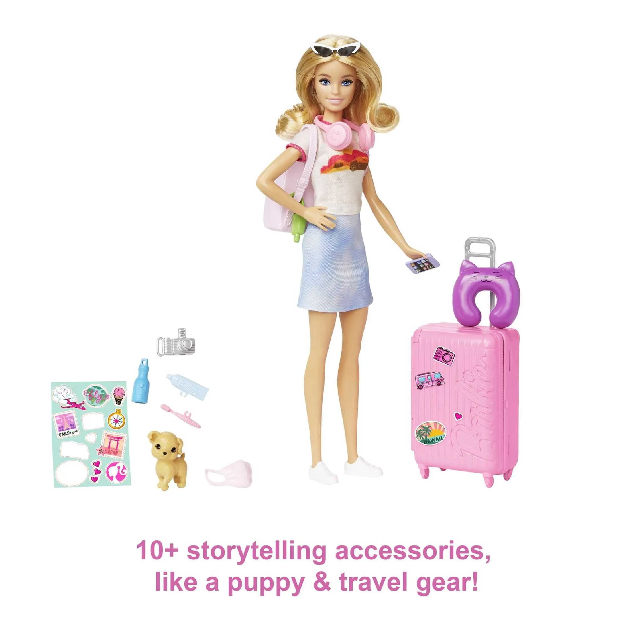 Barbie Doll and Accessories, 'Malibu' Travel Set with Puppy & Working Suitcase, 10  Pieces