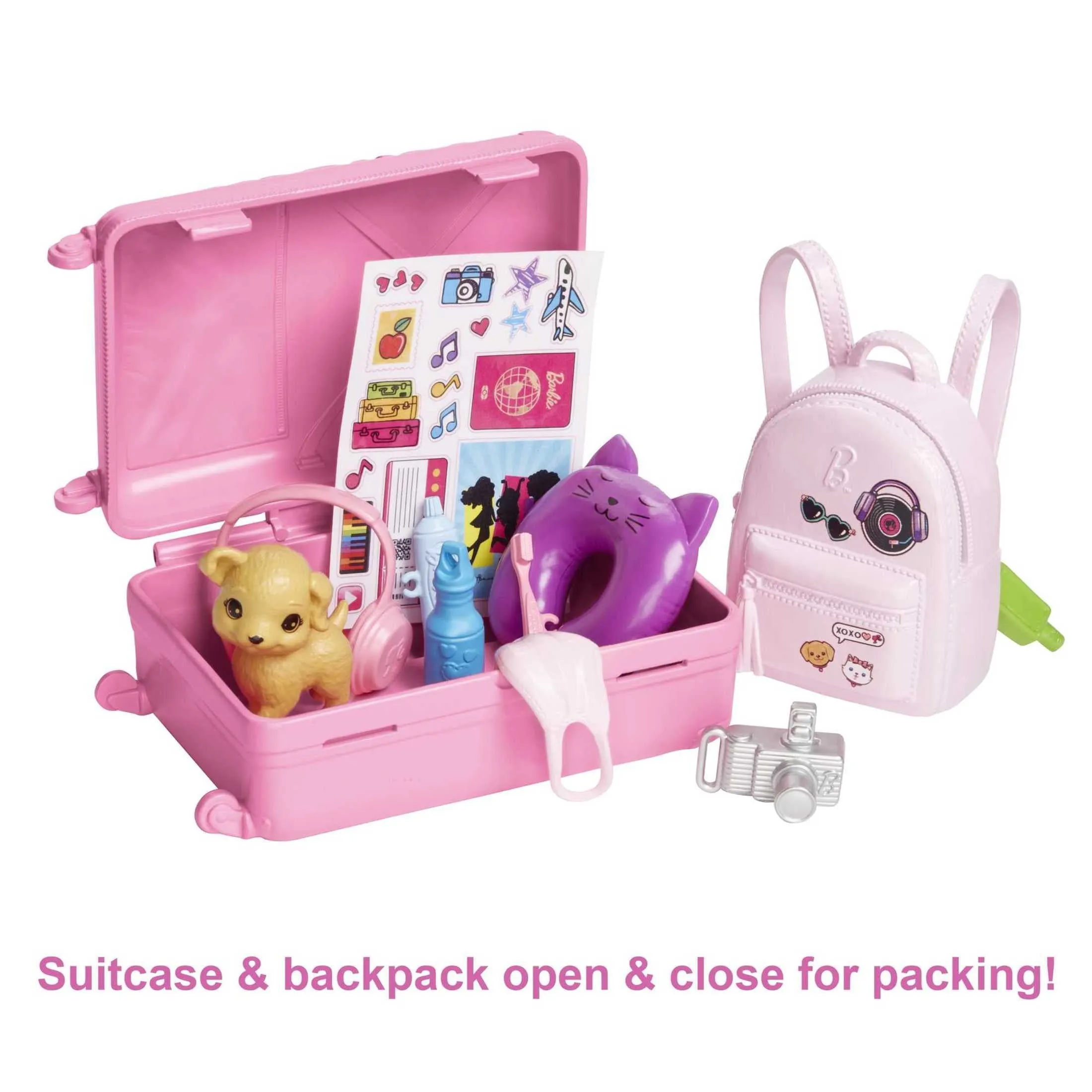 Barbie Doll and Accessories, 'Malibu' Travel Set with Puppy & Working Suitcase, 10  Pieces