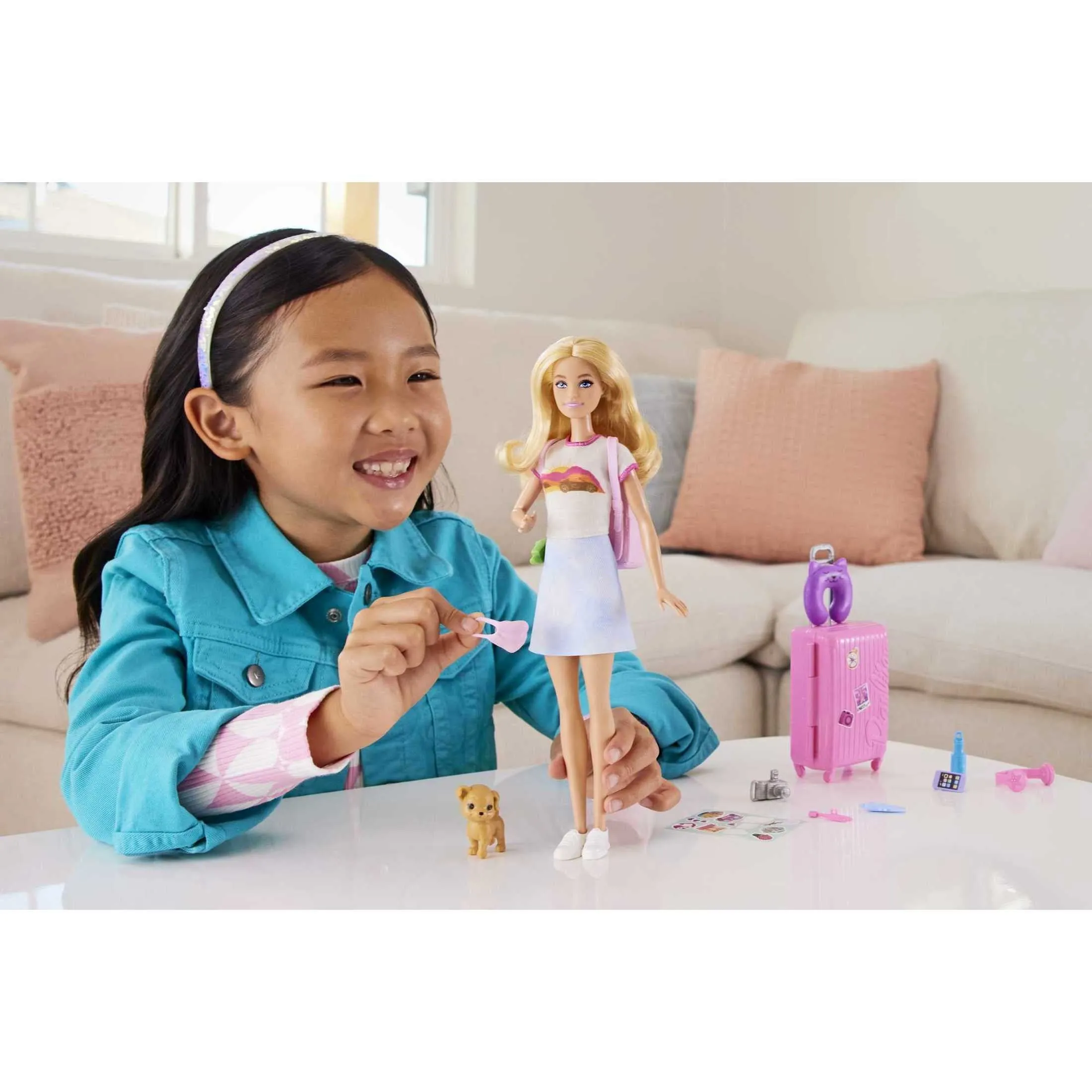 Barbie Doll and Accessories, 'Malibu' Travel Set with Puppy & Working Suitcase, 10  Pieces