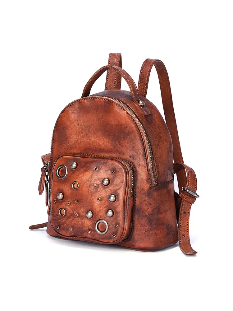 Best Vintage Rivet Leather Rucksack Womens Small School Backpacks Leather Backpack Purse