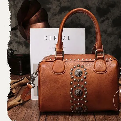 Black Vintage Ladies Leather Rivet Boston Handbag Purse Brown Shoulder Handbag for Women