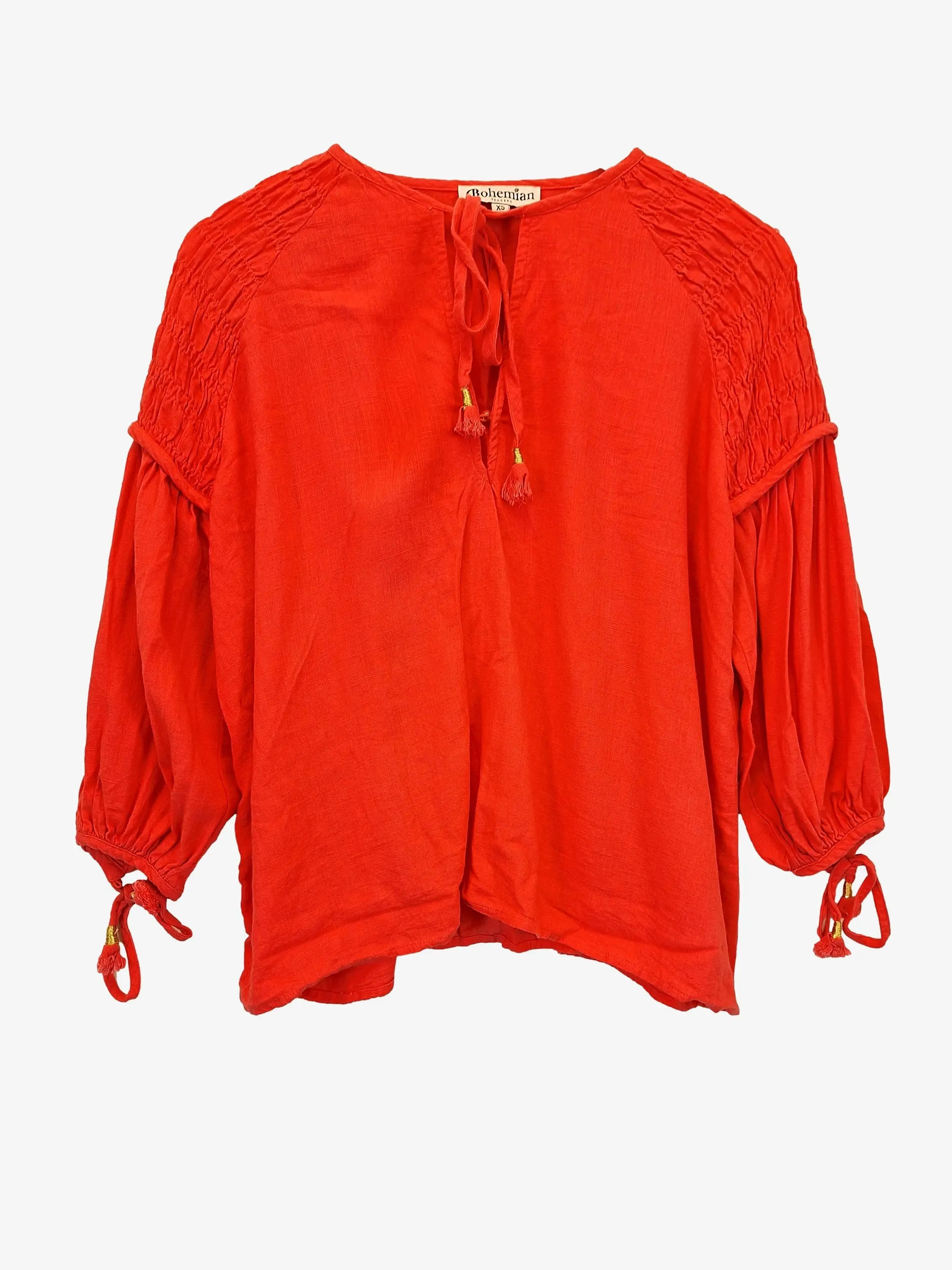 Bohemian Traders Deep Musk Linen Blend Shirred Arm Blouse Size XS
