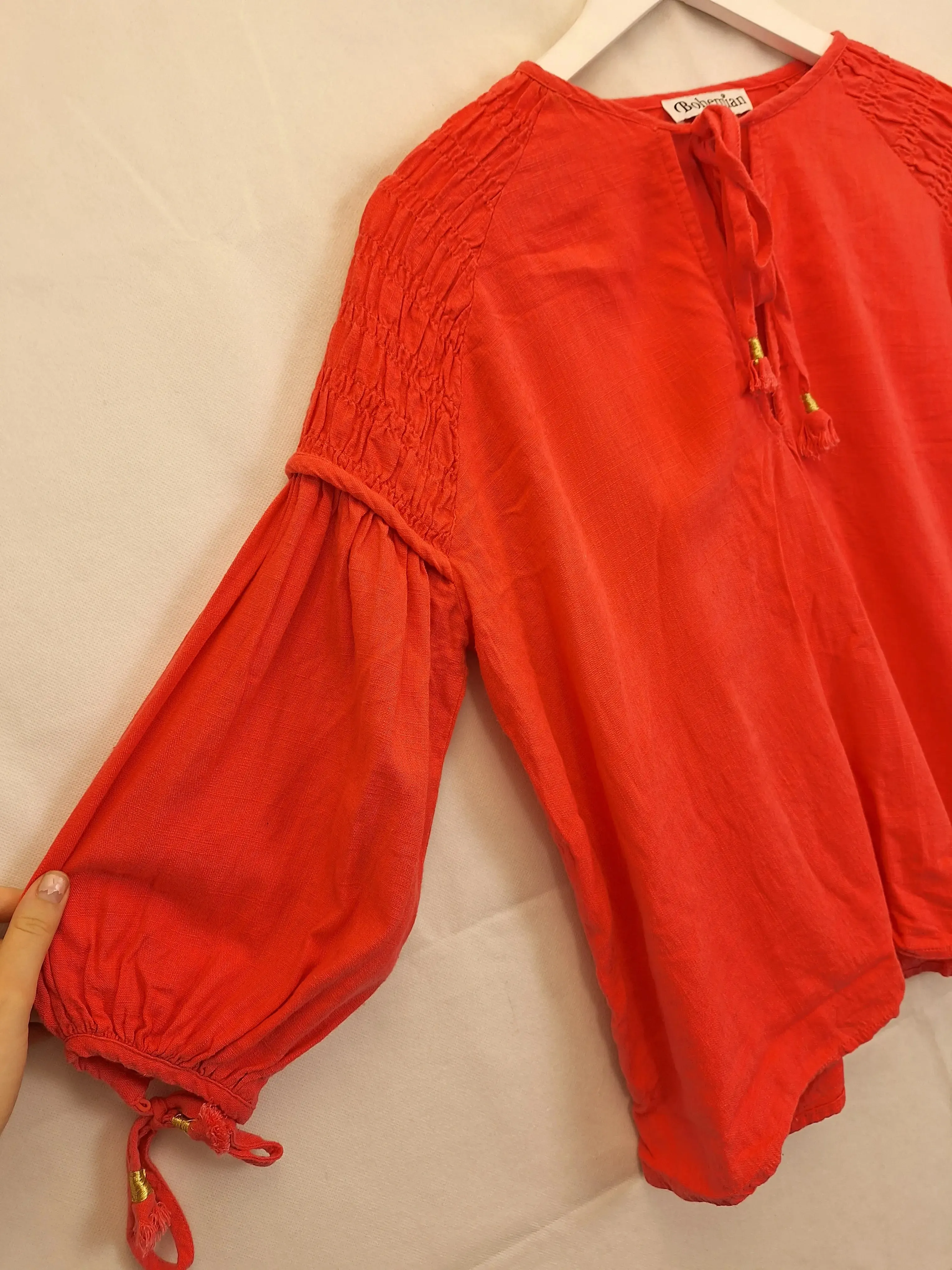 Bohemian Traders Deep Musk Linen Blend Shirred Arm Blouse Size XS