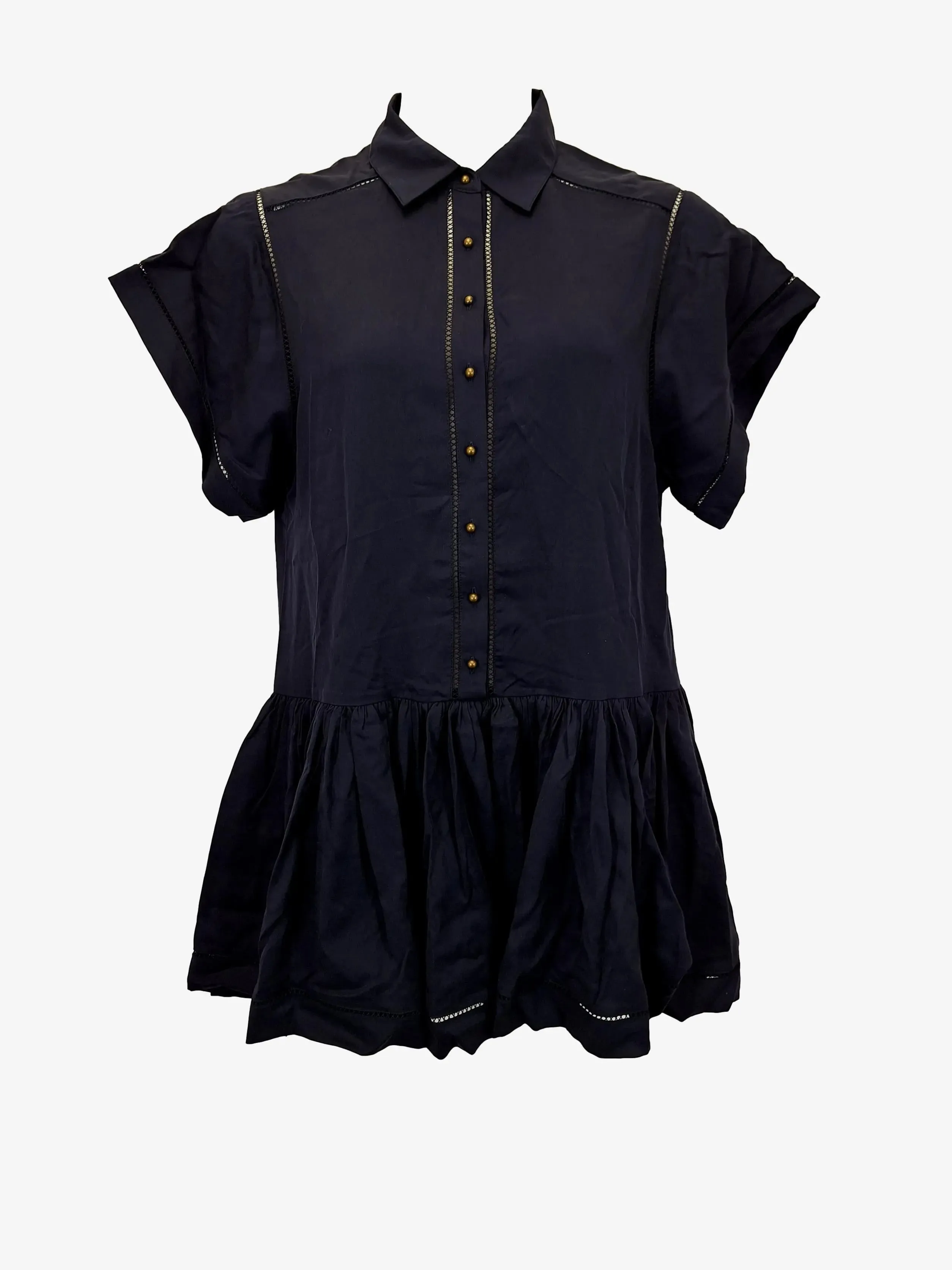 Bohemian Traders Navy Gathered Button Up Mini Dress Size M