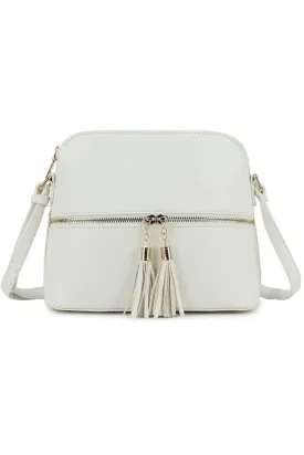 BREEZE CROSSBODY BAG WITH TASSEL AND ZIP DETAIL IN WHITE FAXU LEATHER