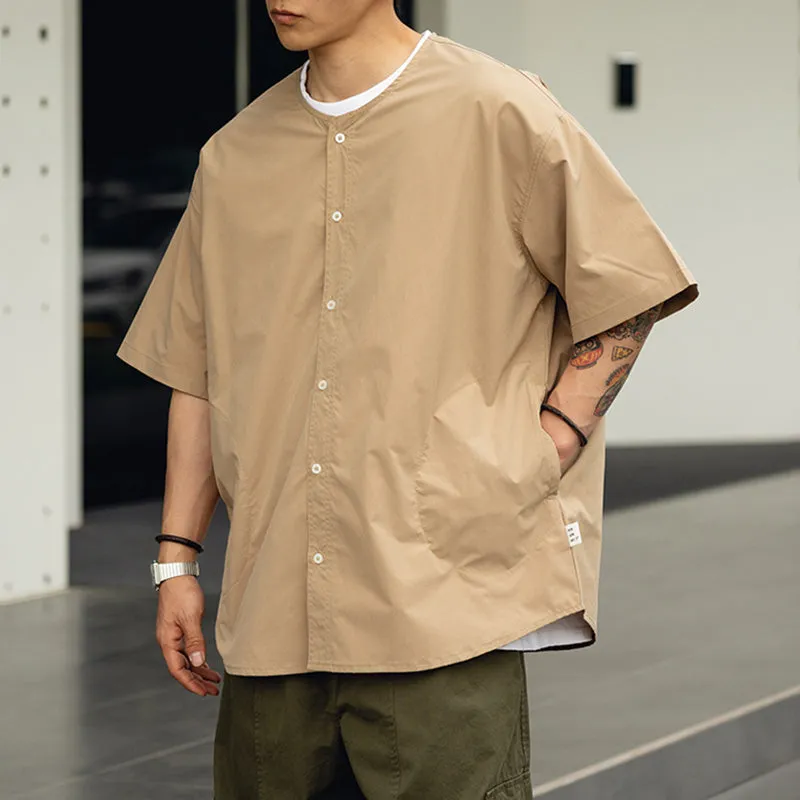 Collarless Vintage Short-sleeved Shirt