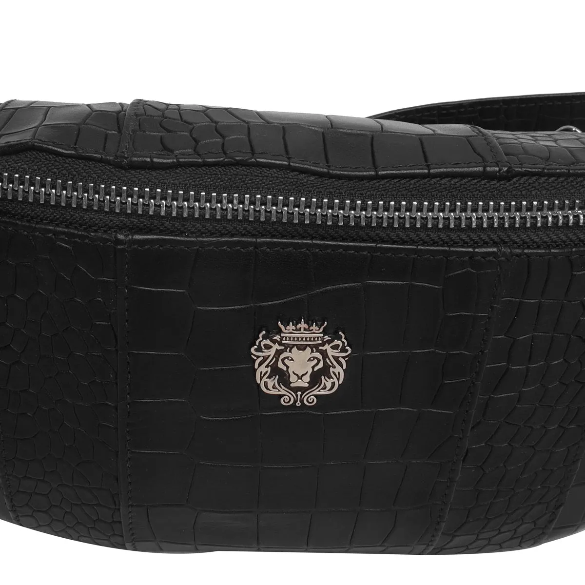 Cross Body Multi Compartment Black Croco Texture Leather Bag