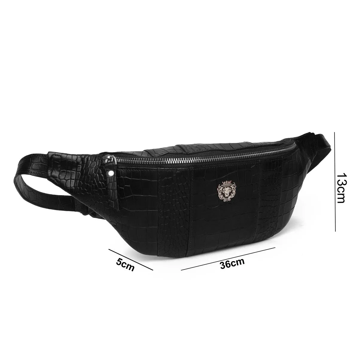 Cross Body Multi Compartment Black Croco Texture Leather Bag