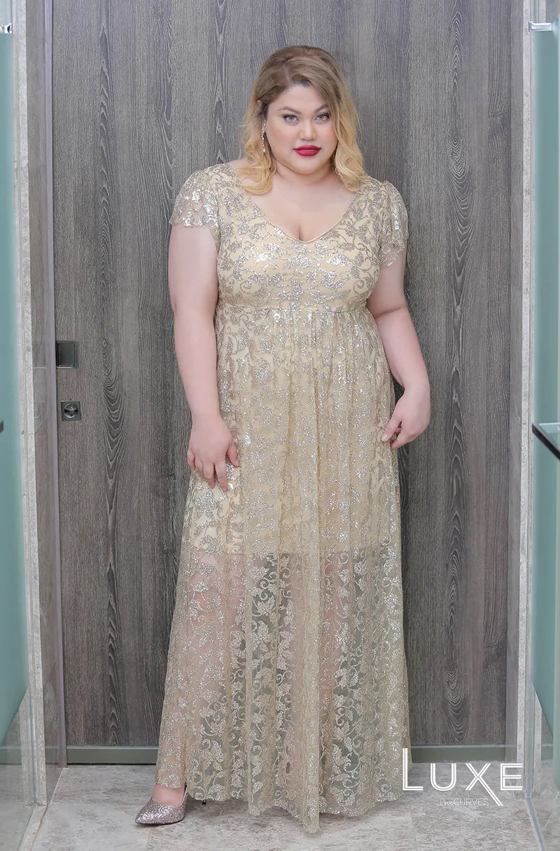 Deep V-Neck Glitter Gown - Golden Goddess- LUXE