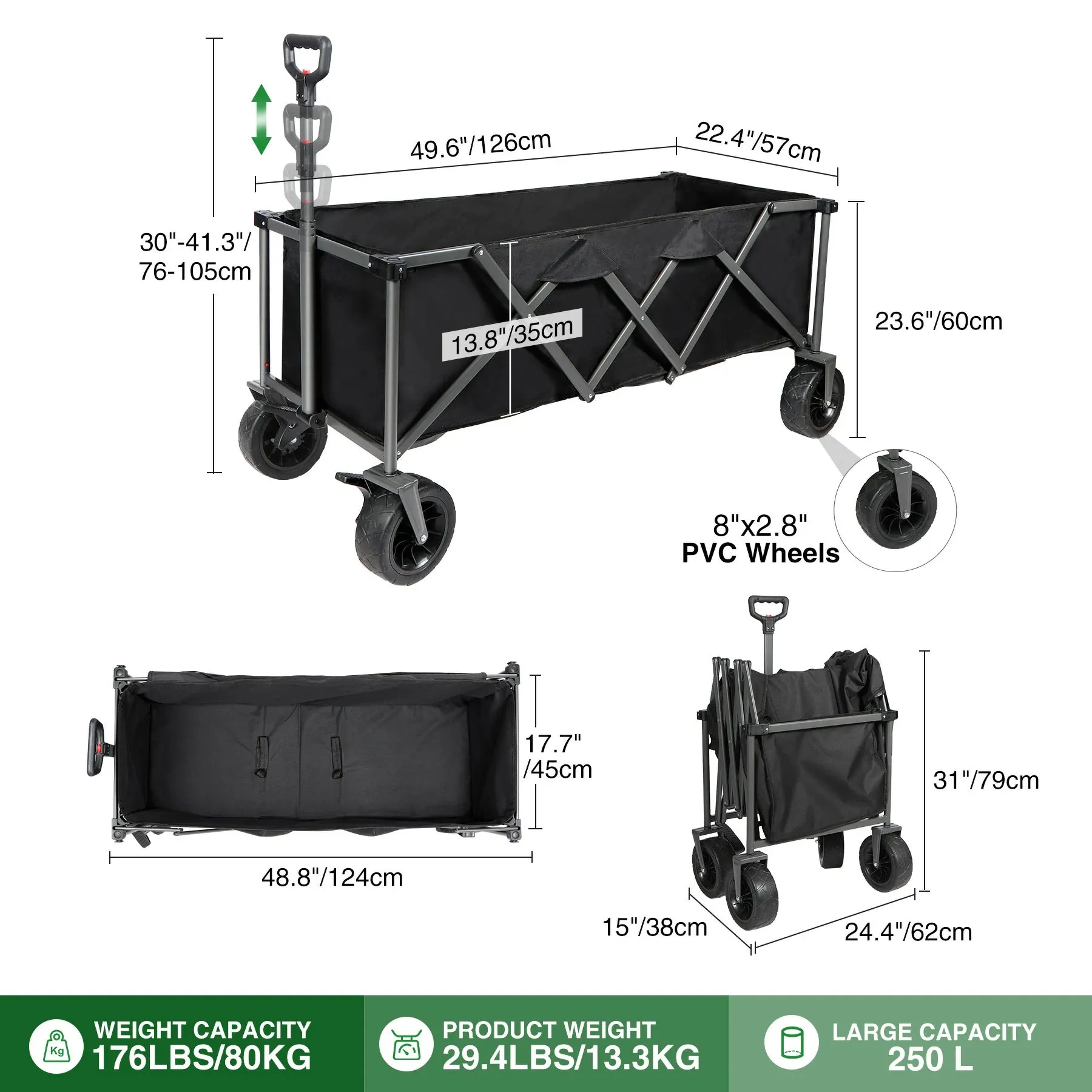 Extra Long Extended Folding Wagon with Side Pocket and Brakes