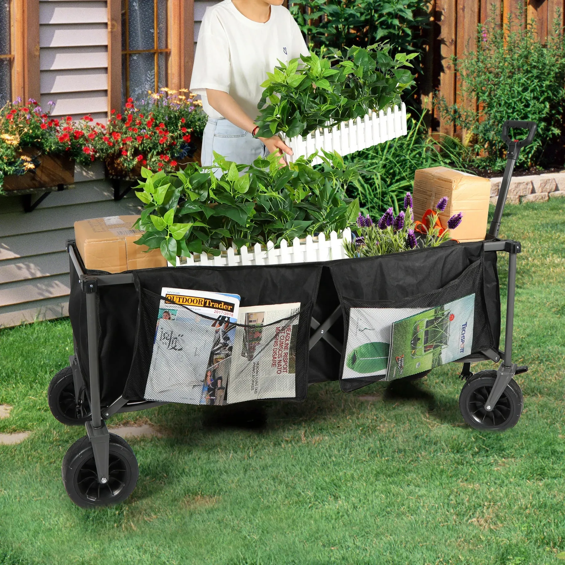 Extra Long Extended Folding Wagon with Side Pocket and Brakes