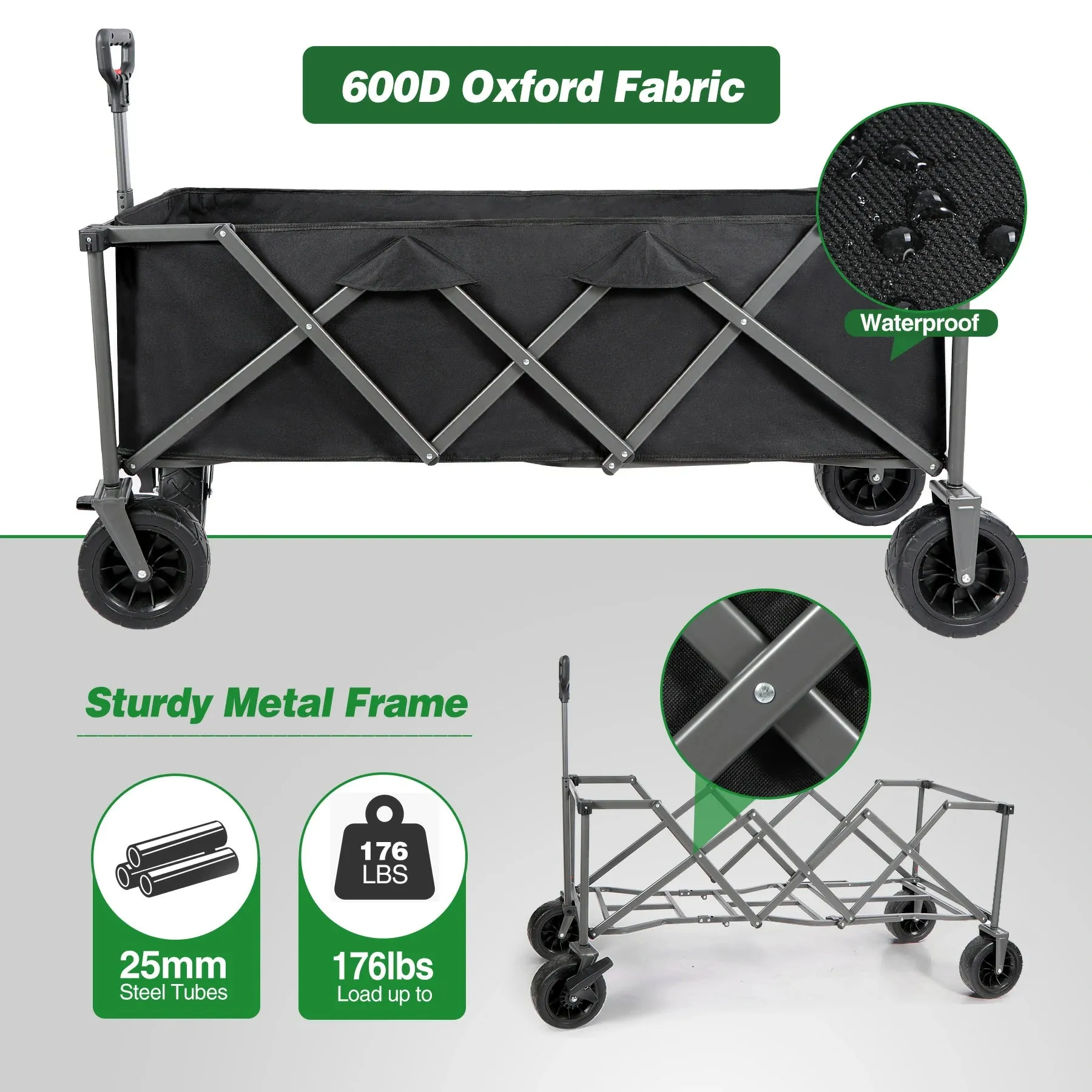 Extra Long Extended Folding Wagon with Side Pocket and Brakes