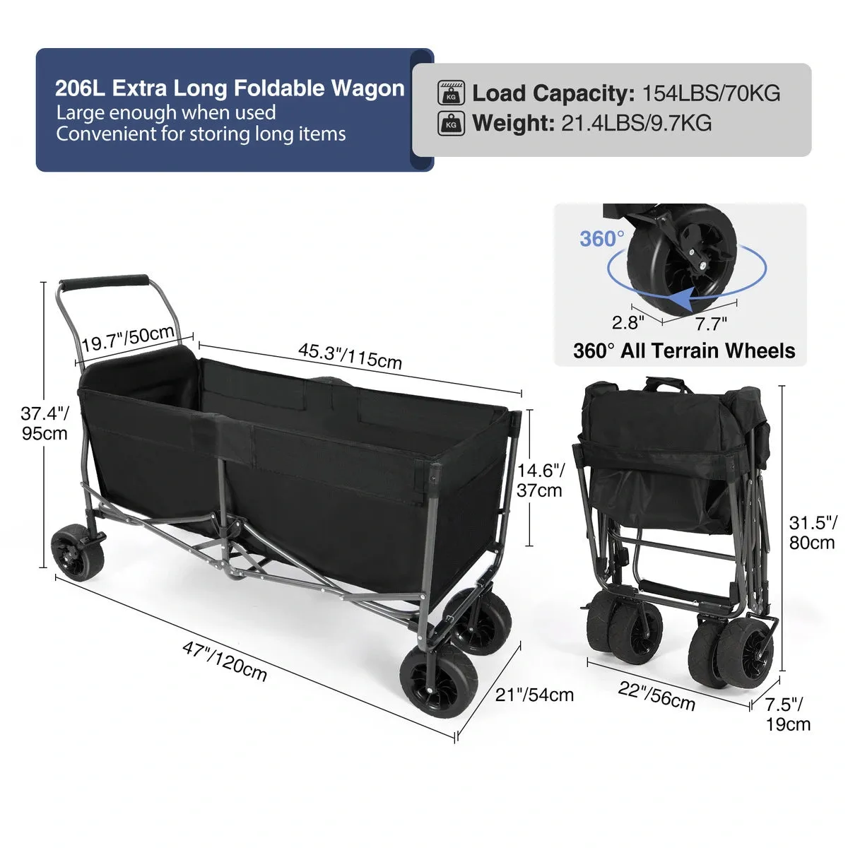 Extra Long Extended Folding Wagon with Side Pocket and Brakes