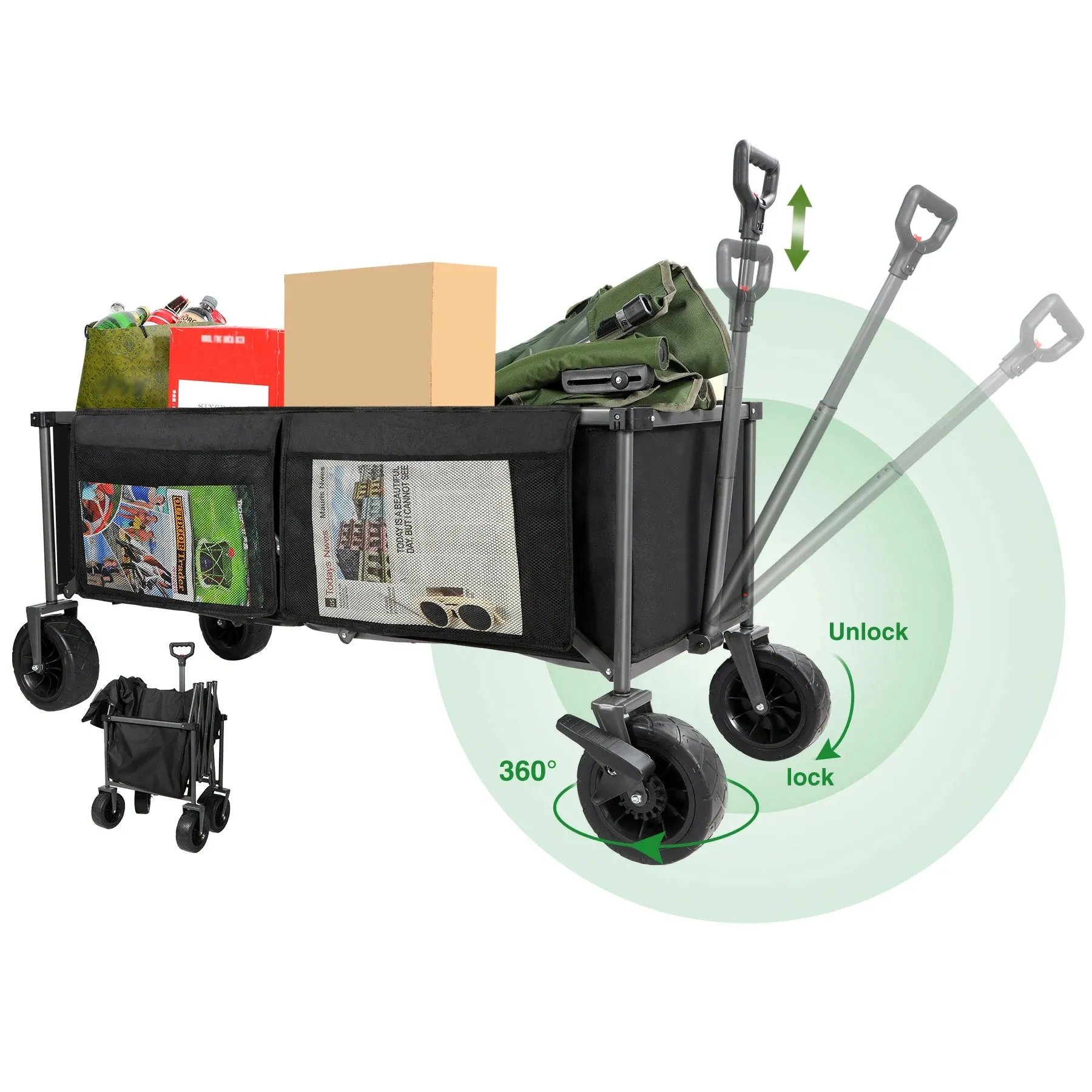 Extra Long Extended Folding Wagon with Side Pocket and Brakes