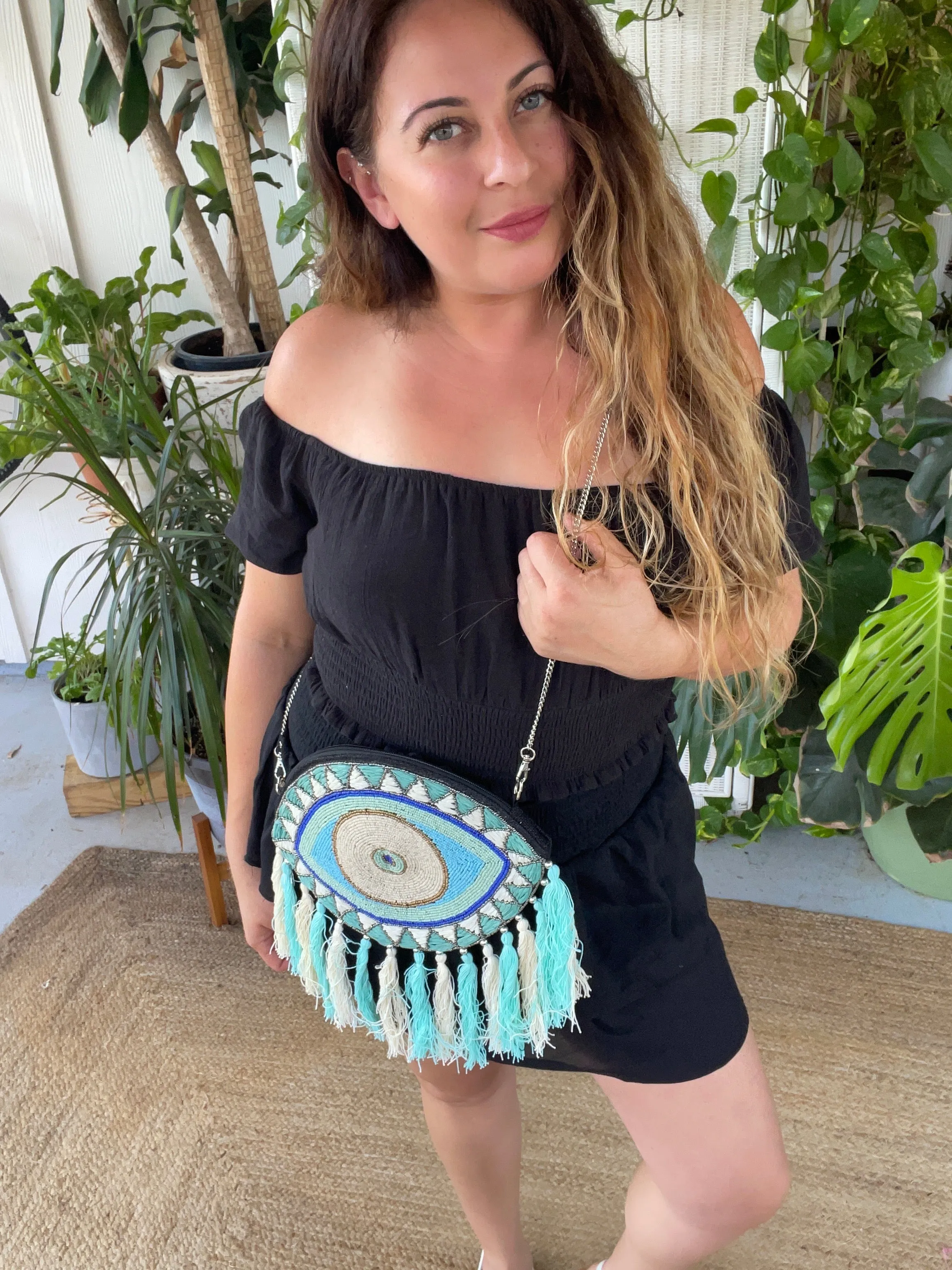 Hand beaded Evil Eye Clutch Crossbody (aqua)