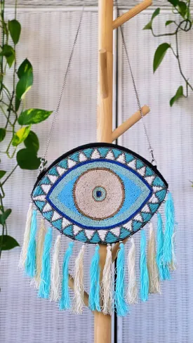 Hand beaded Evil Eye Clutch Crossbody (aqua)
