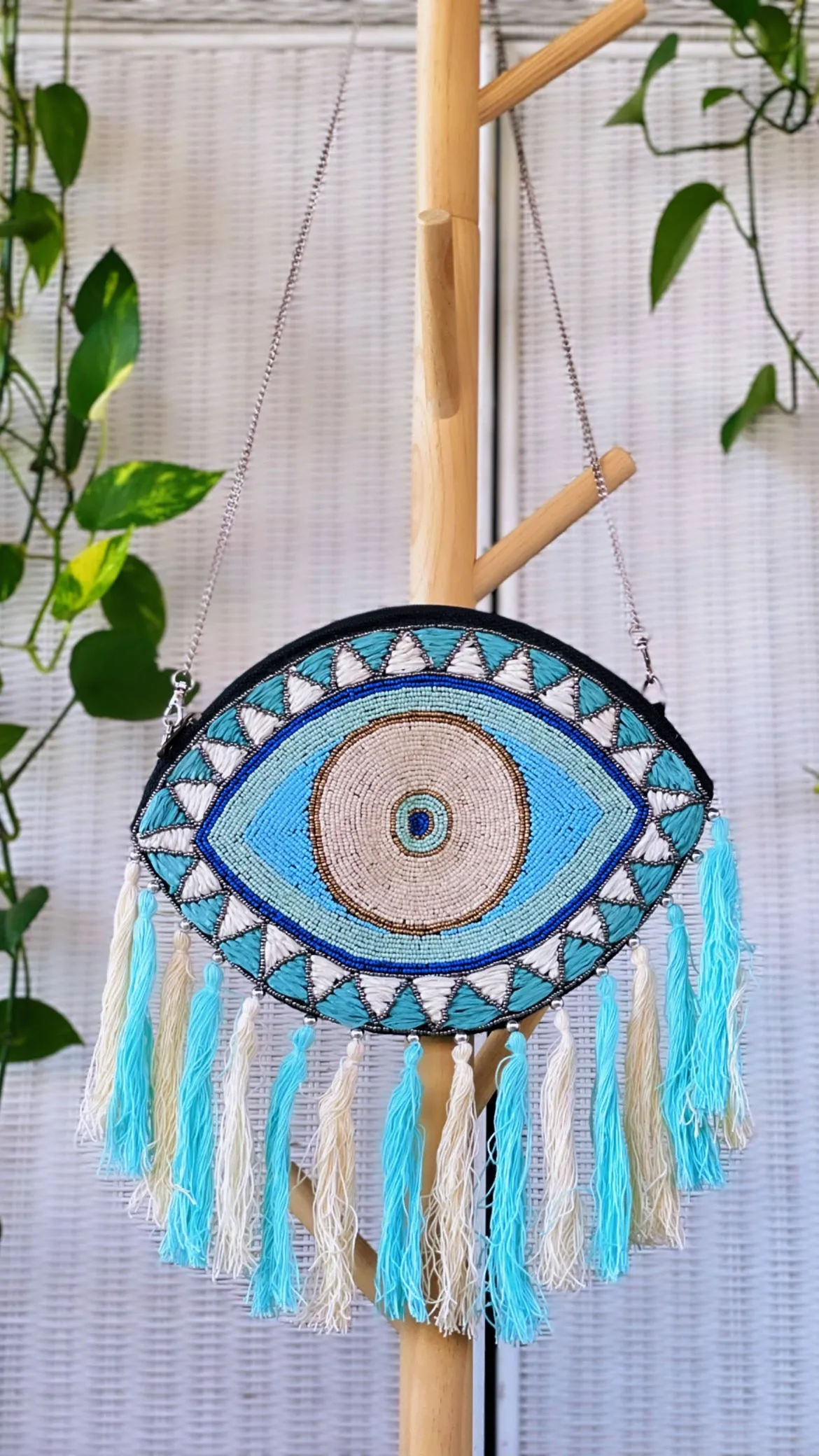 Hand beaded Evil Eye Clutch Crossbody (aqua)