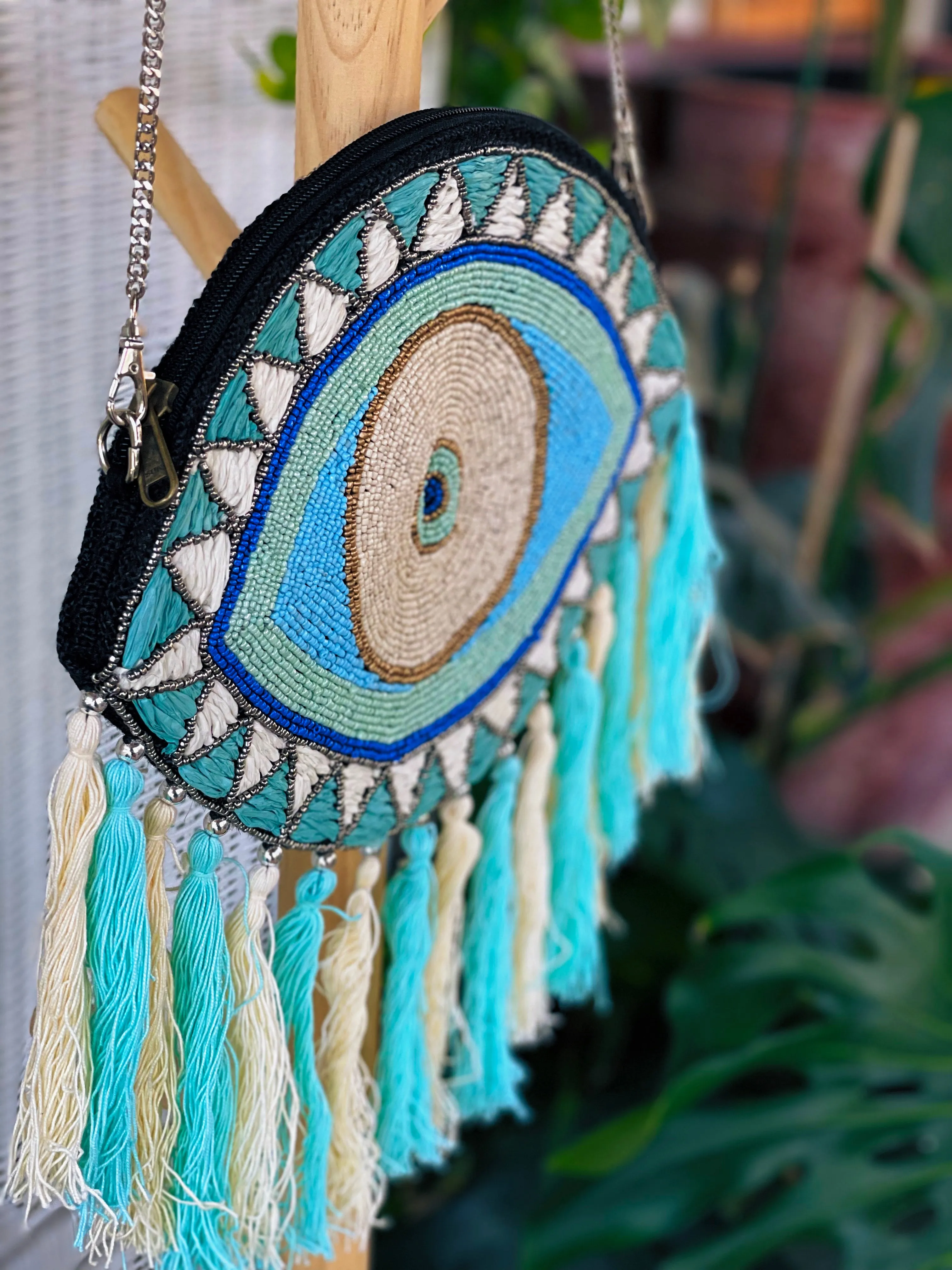 Hand beaded Evil Eye Clutch Crossbody (aqua)
