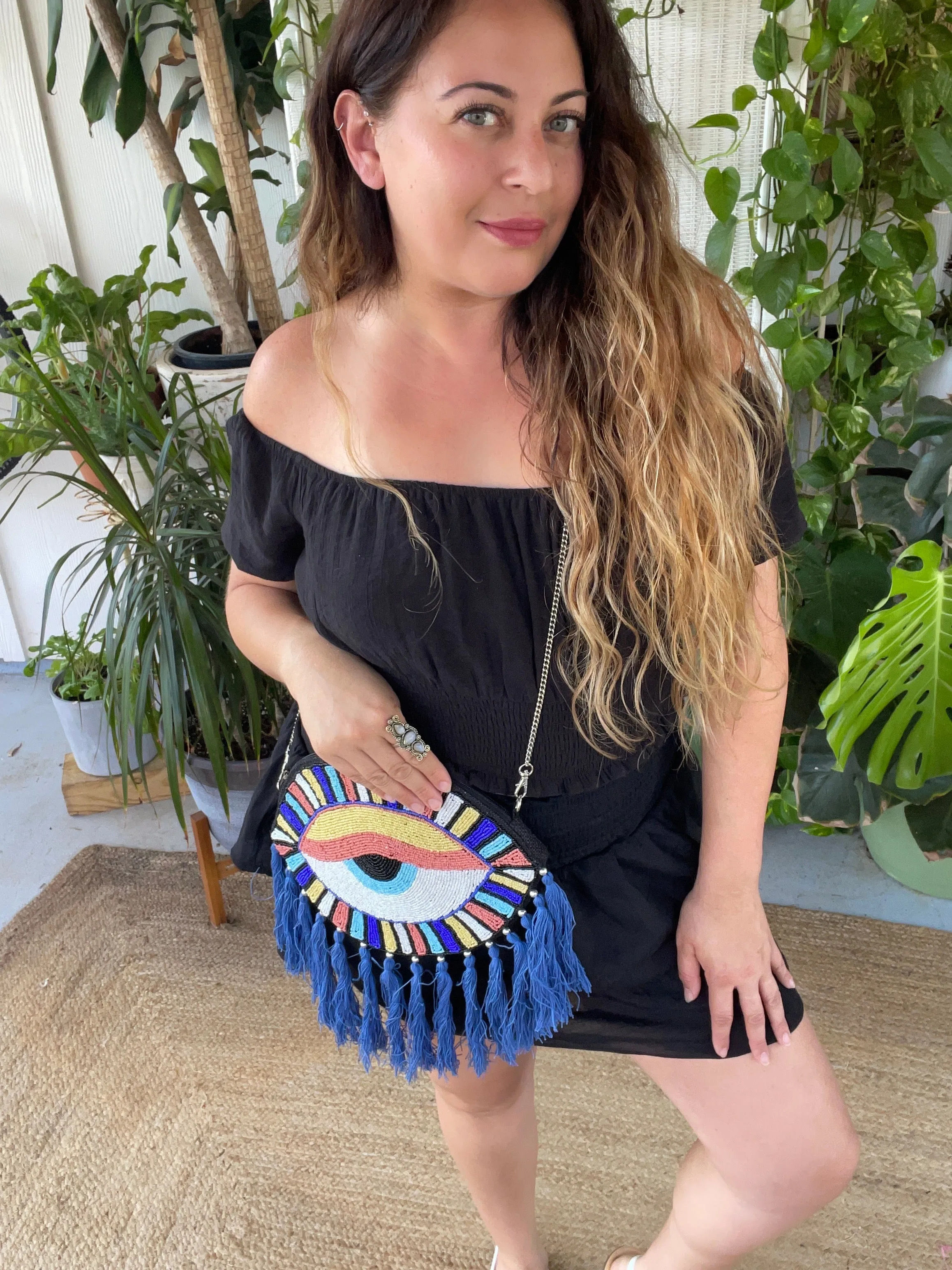 Hand beaded Evil Eye Clutch Crossbody (navy)