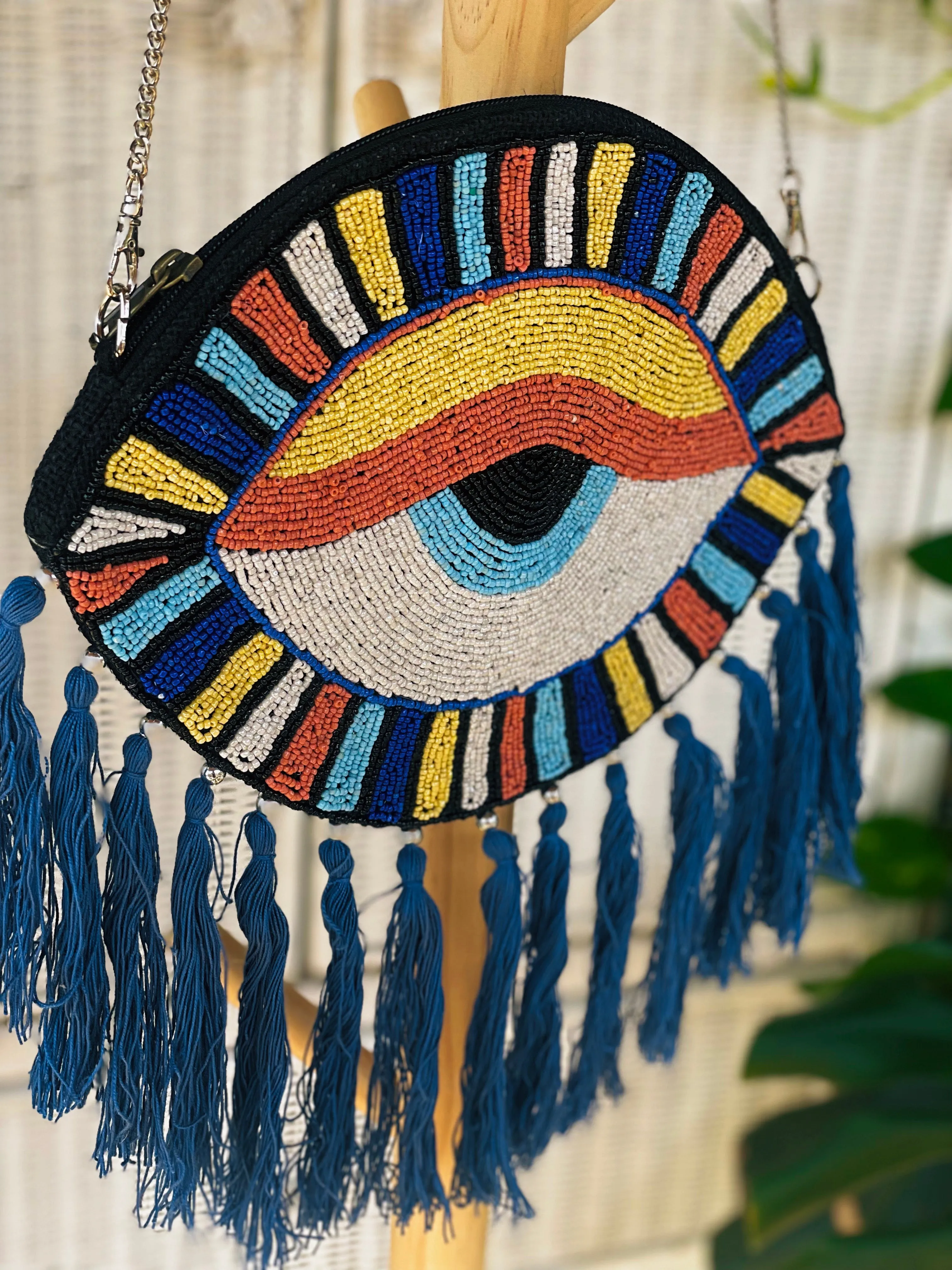 Hand beaded Evil Eye Clutch Crossbody (navy)