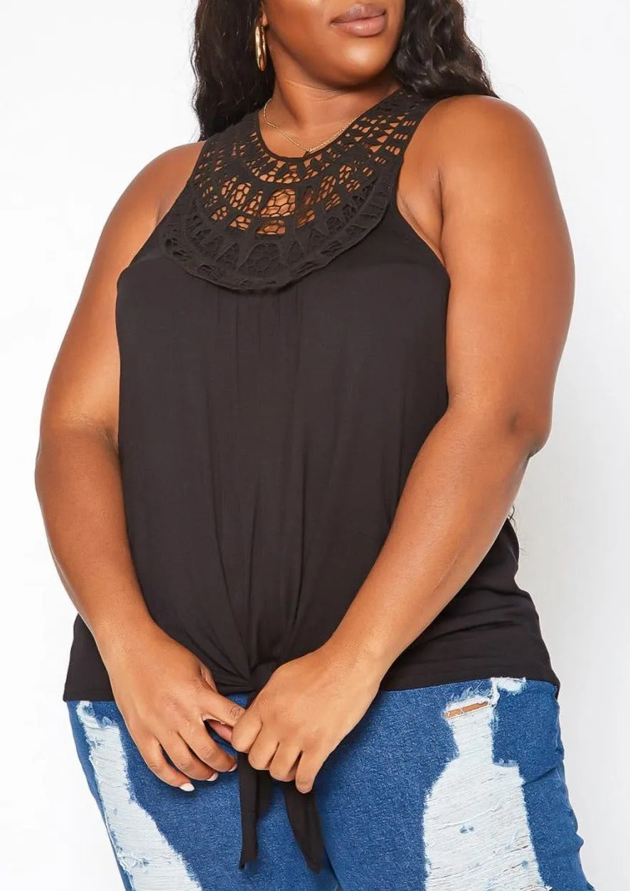 Hi Curvy Plus Size Crochet Hem Tassel Front Tank Top