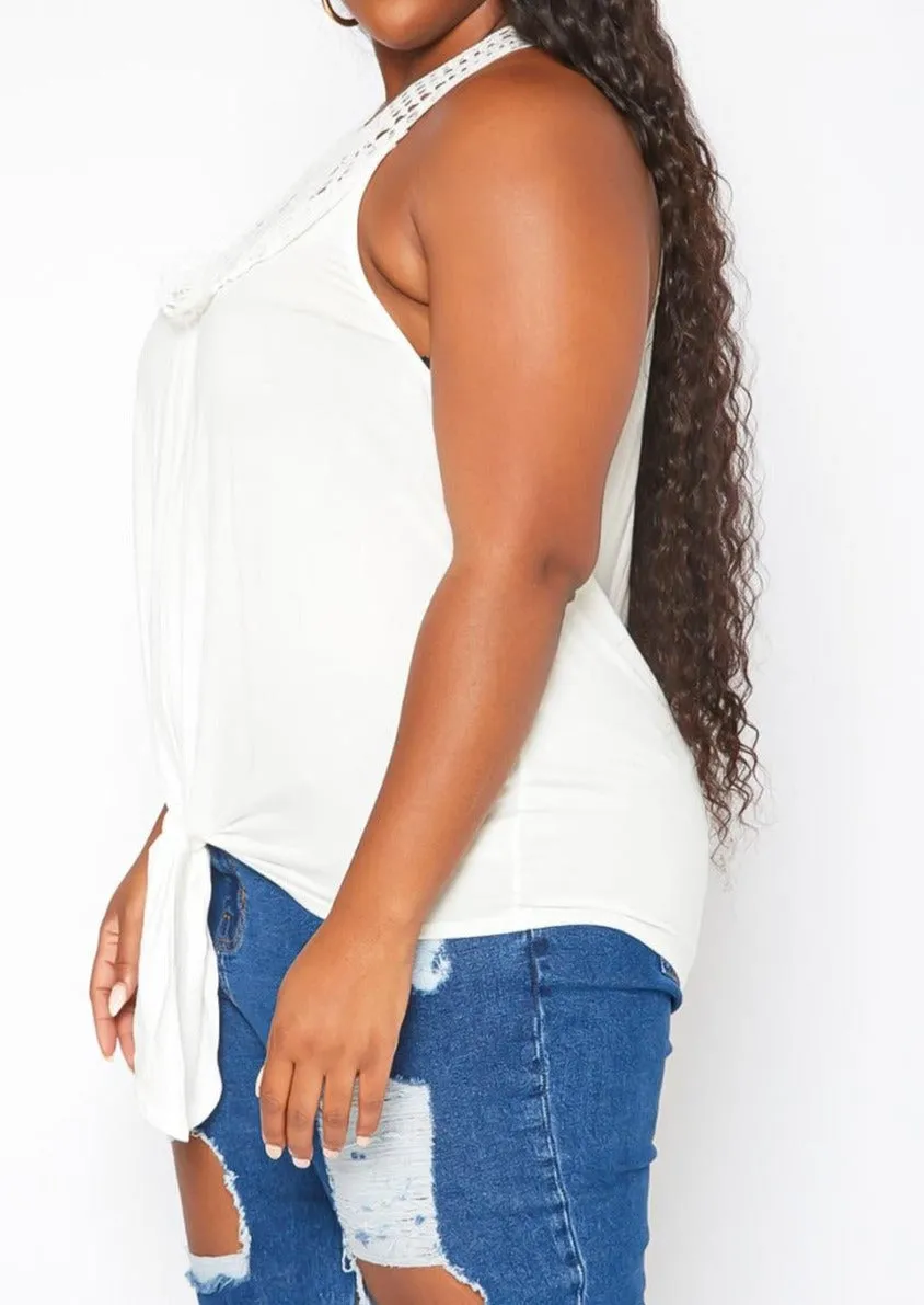 Hi Curvy Plus Size Crochet Hem Tassel Front Tank Top