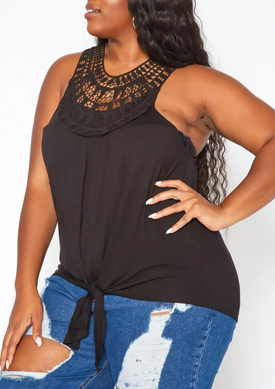 Hi Curvy Plus Size Crochet Hem Tassel Front Tank Top
