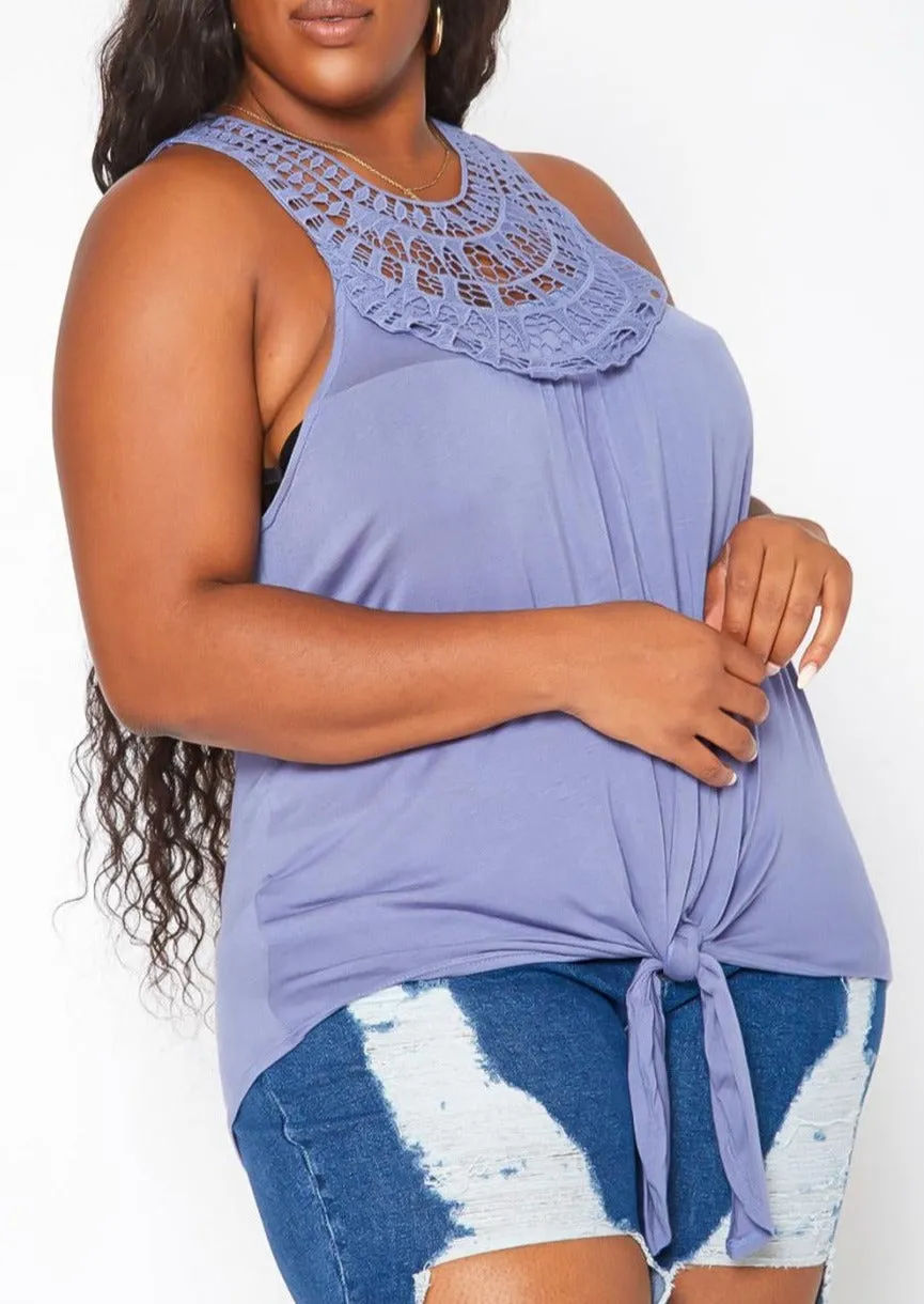 Hi Curvy Plus Size Crochet Hem Tassel Front Tank Top