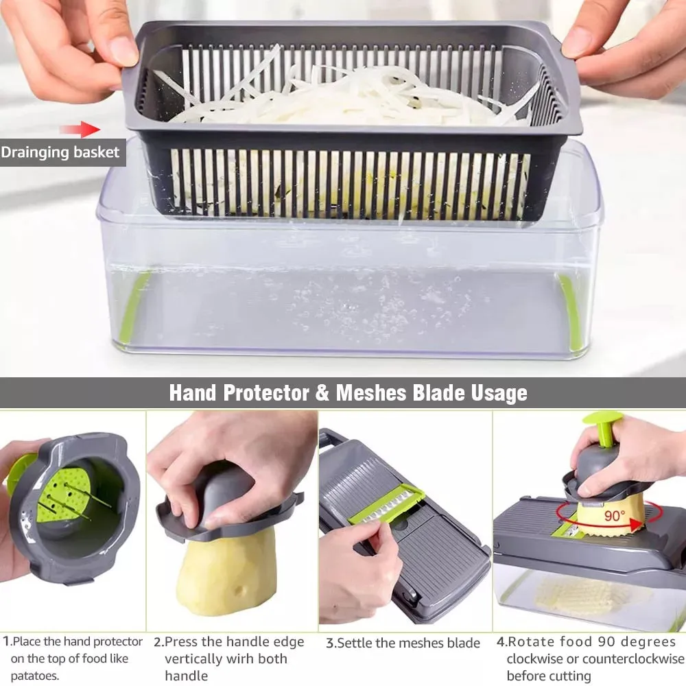Kitchen Multifunction Cutter Chop Slice Dice Grate Draining Basket