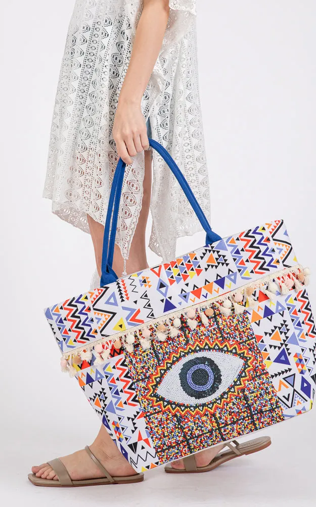 MB0303 EVIL EYE BOHO PRINT POM POM FRINGE TOTE BAG
