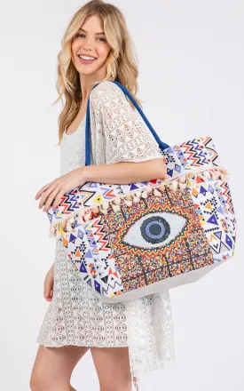 MB0303 EVIL EYE BOHO PRINT POM POM FRINGE TOTE BAG