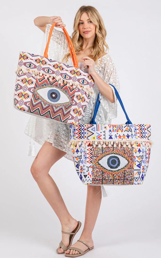 MB0303 EVIL EYE BOHO PRINT POM POM FRINGE TOTE BAG