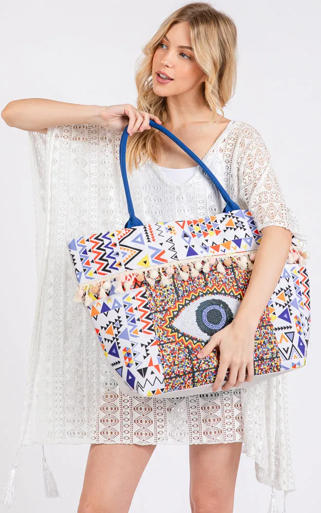 MB0303 EVIL EYE BOHO PRINT POM POM FRINGE TOTE BAG