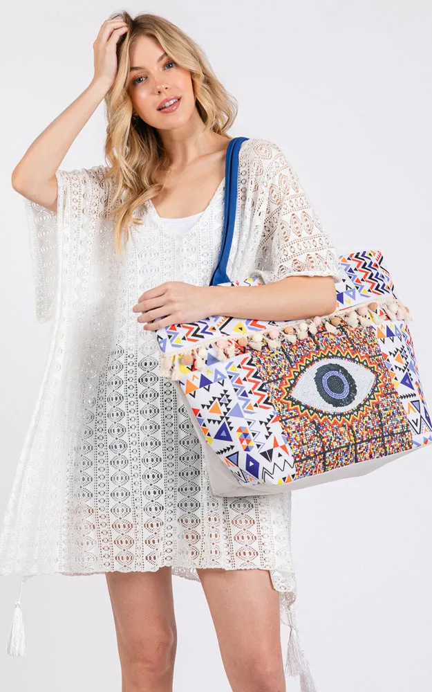 MB0303 EVIL EYE BOHO PRINT POM POM FRINGE TOTE BAG
