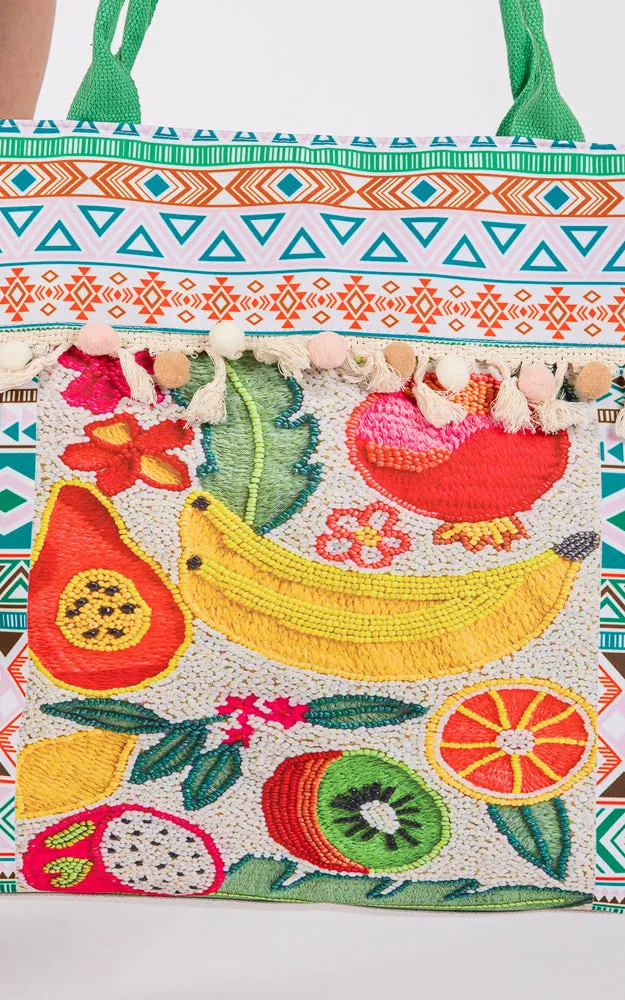 MB0306 FRUIT BOHO PRINT POM POM FRINGE TOTE BAG