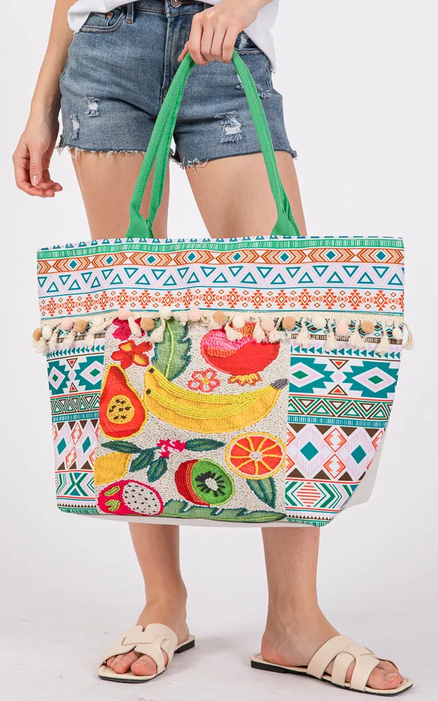 MB0306 FRUIT BOHO PRINT POM POM FRINGE TOTE BAG