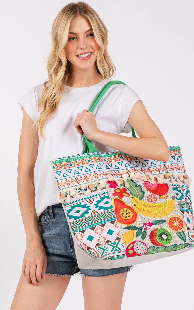 MB0306 FRUIT BOHO PRINT POM POM FRINGE TOTE BAG
