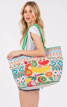 MB0306 FRUIT BOHO PRINT POM POM FRINGE TOTE BAG